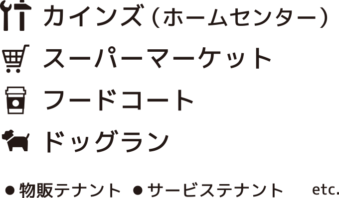 カインズ(ホームセンター)、スーパーマーケット、フードコート、ドッグラン、物件テナント、サービステナント etc.